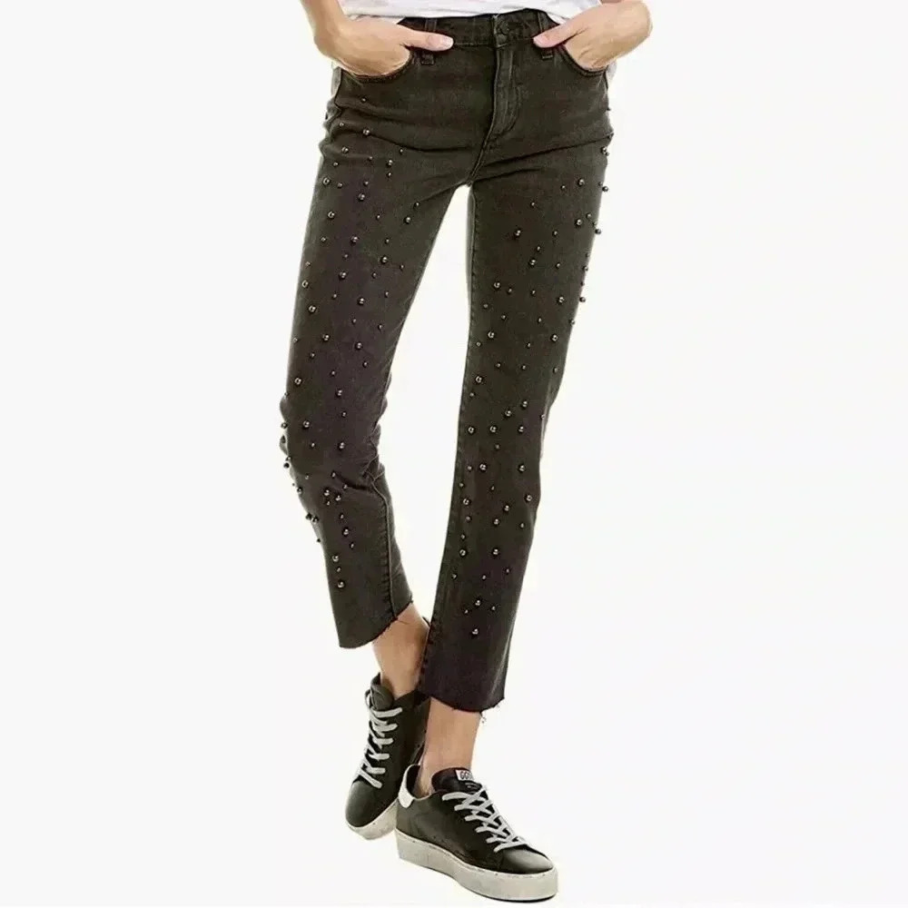 NWT Joe's Jeans The Smith Pearl Embellished High Rise Straight Ankle Black 25